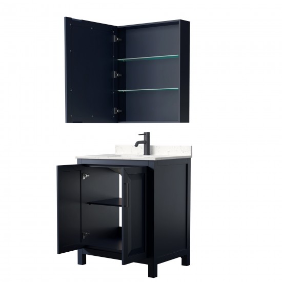 Daria 30" Blue Single Vanity, Carrara Marble Top, Black Trim, Medicine Cabinet