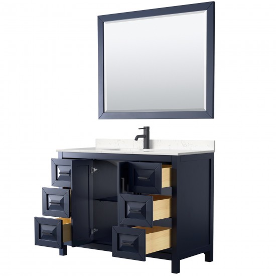 Daria 48" Single Vanity in Dark Blue, Carrara Marble Top, Black Trim, 46" Mirror