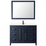 Daria 48" Single Vanity in Dark Blue, Carrara Marble Top, Black Trim, 46" Mirror