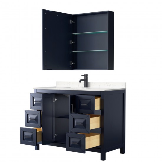 Daria 48" Blue Single Vanity, Carrara Marble Top, Black Trim, Medicine Cabinet