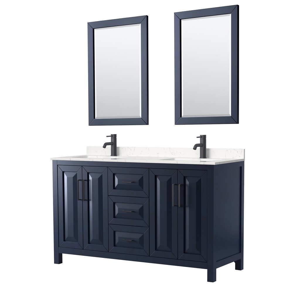 Daria 60" Dark Blue Double Vanity, Carrara Marble Top, Black Trim, 24" Mirrors