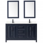 Daria 60" Dark Blue Double Vanity, Carrara Marble Top, Black Trim, 24" Mirrors