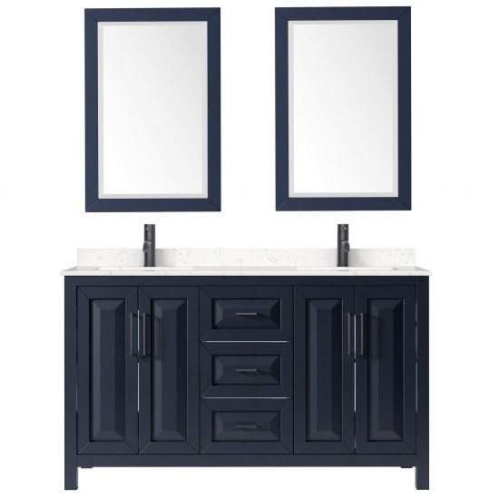 Daria 60" Dark Blue Double Vanity, Carrara Marble Top, Black Trim, 24" Mirrors