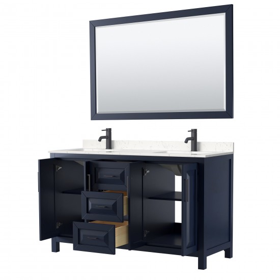 Daria 60" Double Vanity in Dark Blue, Carrara Marble Top, Black Trim, 58" Mirror