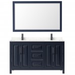 Daria 60" Double Vanity in Dark Blue, Carrara Marble Top, Black Trim, 58" Mirror