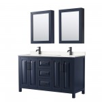 Daria 60" Blue Double Vanity, Carrara Marble Top, Black Trim, Medicine Cabinets