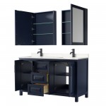 Daria 60" Blue Double Vanity, Carrara Marble Top, Black Trim, Medicine Cabinets