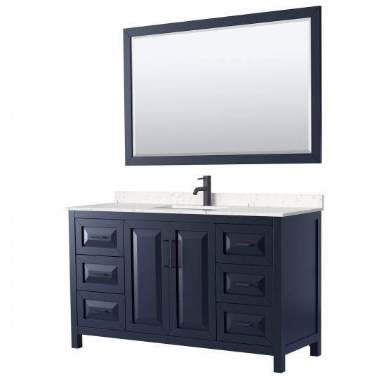 Daria 60" Single Vanity in Dark Blue, Carrara Marble Top, Black Trim, 58" Mirror