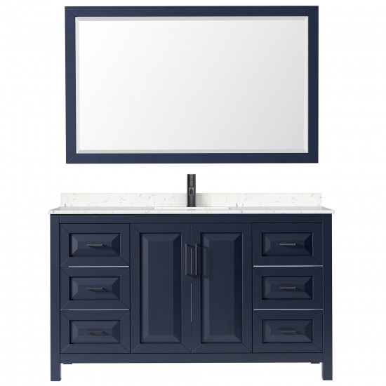 Daria 60" Single Vanity in Dark Blue, Carrara Marble Top, Black Trim, 58" Mirror