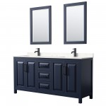 Daria 72" Dark Blue Double Vanity, Carrara Marble Top, Black Trim, 24" Mirrors