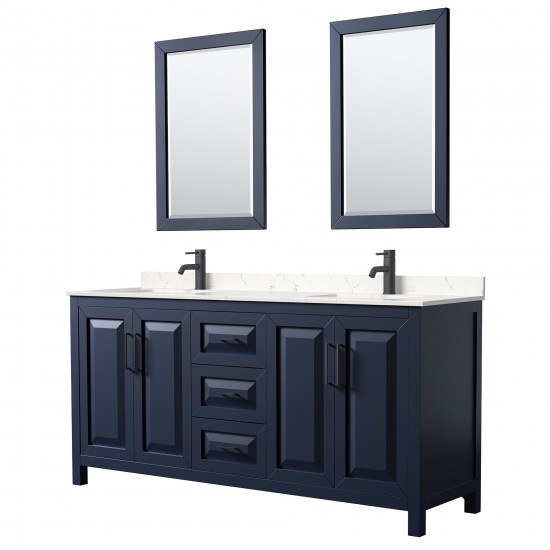 Daria 72" Dark Blue Double Vanity, Carrara Marble Top, Black Trim, 24" Mirrors