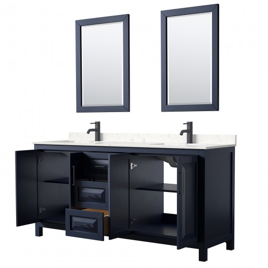 Daria 72" Dark Blue Double Vanity, Carrara Marble Top, Black Trim, 24" Mirrors