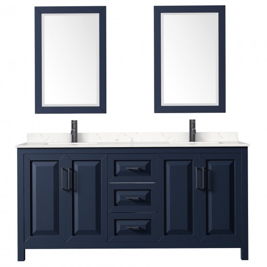 Daria 72" Dark Blue Double Vanity, Carrara Marble Top, Black Trim, 24" Mirrors