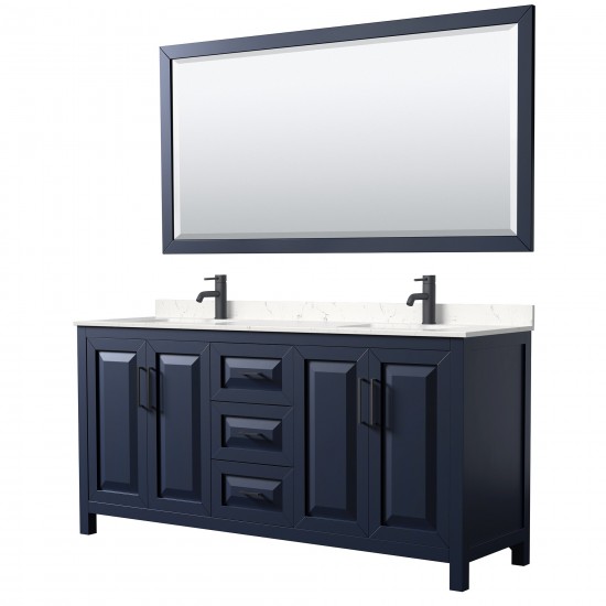 Daria 72" Double Vanity in Dark Blue, Carrara Marble Top, Black Trim, 70" Mirror