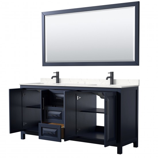 Daria 72" Double Vanity in Dark Blue, Carrara Marble Top, Black Trim, 70" Mirror