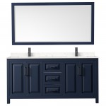 Daria 72" Double Vanity in Dark Blue, Carrara Marble Top, Black Trim, 70" Mirror