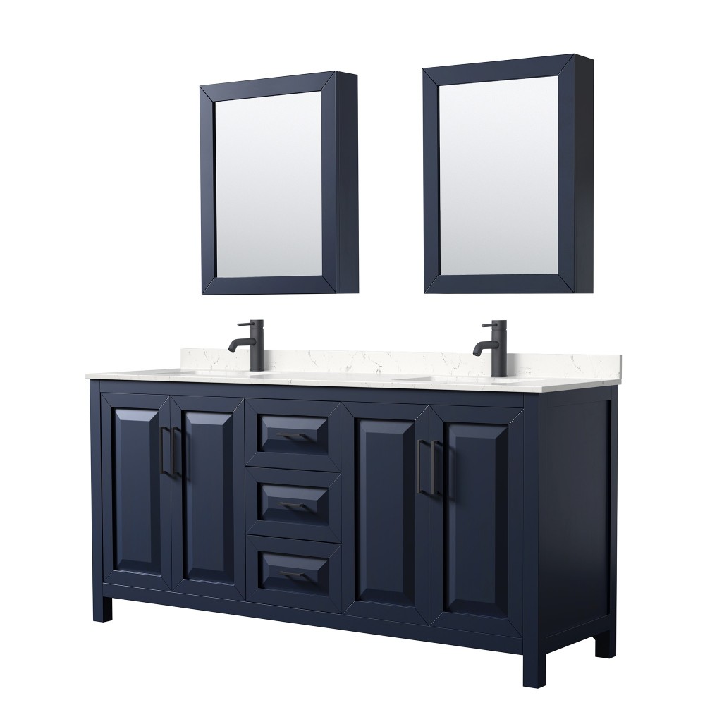 Daria 72" Blue Double Vanity, Carrara Marble Top, Black Trim, Medicine Cabinets