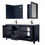 Daria 72" Blue Double Vanity, Carrara Marble Top, Black Trim, Medicine Cabinets