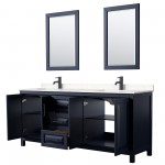 Daria 80" Dark Blue Double Vanity, Carrara Marble Top, Black Trim, 24" Mirrors