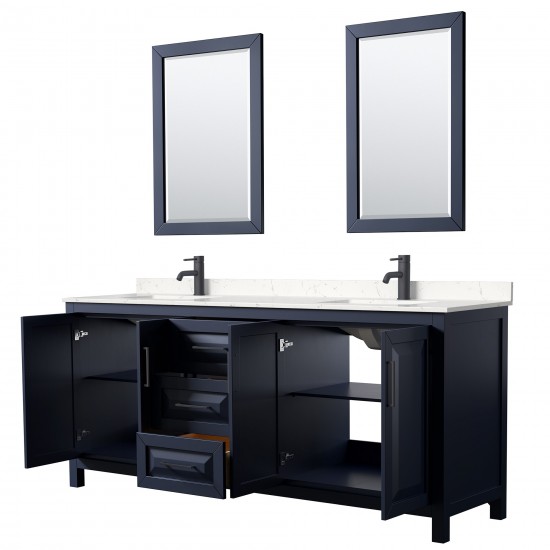 Daria 80" Dark Blue Double Vanity, Carrara Marble Top, Black Trim, 24" Mirrors