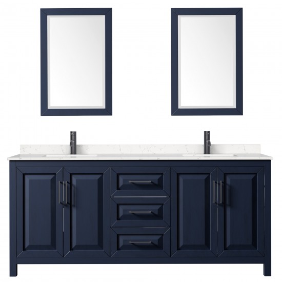 Daria 80" Dark Blue Double Vanity, Carrara Marble Top, Black Trim, 24" Mirrors