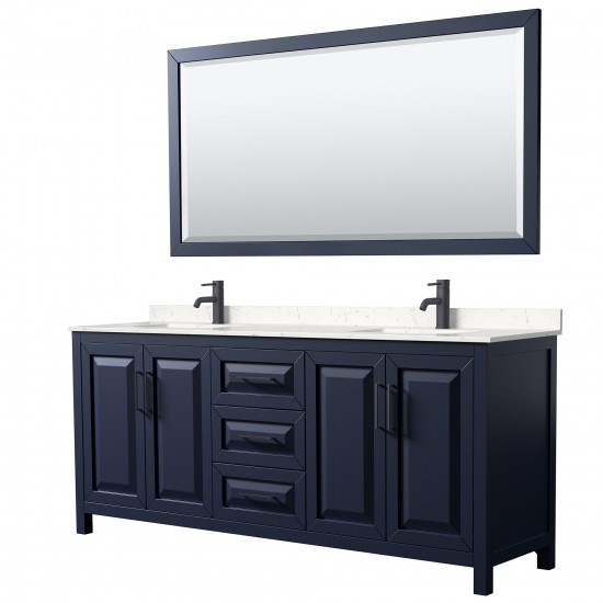 Daria 80" Double Vanity in Dark Blue, Carrara Marble Top, Black Trim, 70" Mirror