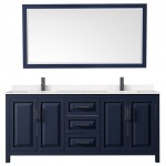 Daria 80" Double Vanity in Dark Blue, Carrara Marble Top, Black Trim, 70" Mirror