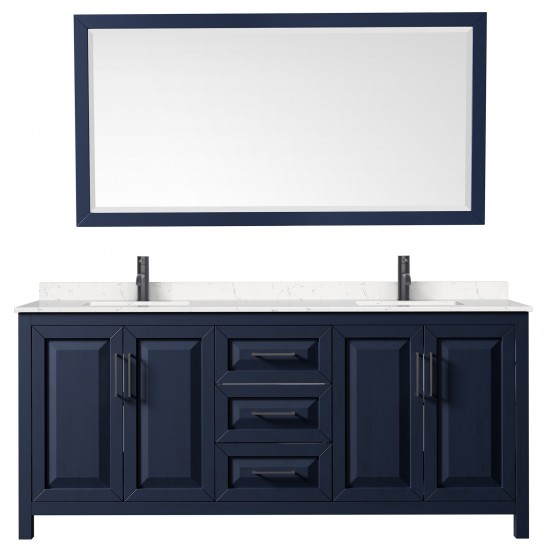Daria 80" Double Vanity in Dark Blue, Carrara Marble Top, Black Trim, 70" Mirror