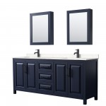 Daria 80" Blue Double Vanity, Carrara Marble Top, Black Trim, Medicine Cabinets