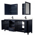 Daria 80" Blue Double Vanity, Carrara Marble Top, Black Trim, Medicine Cabinets