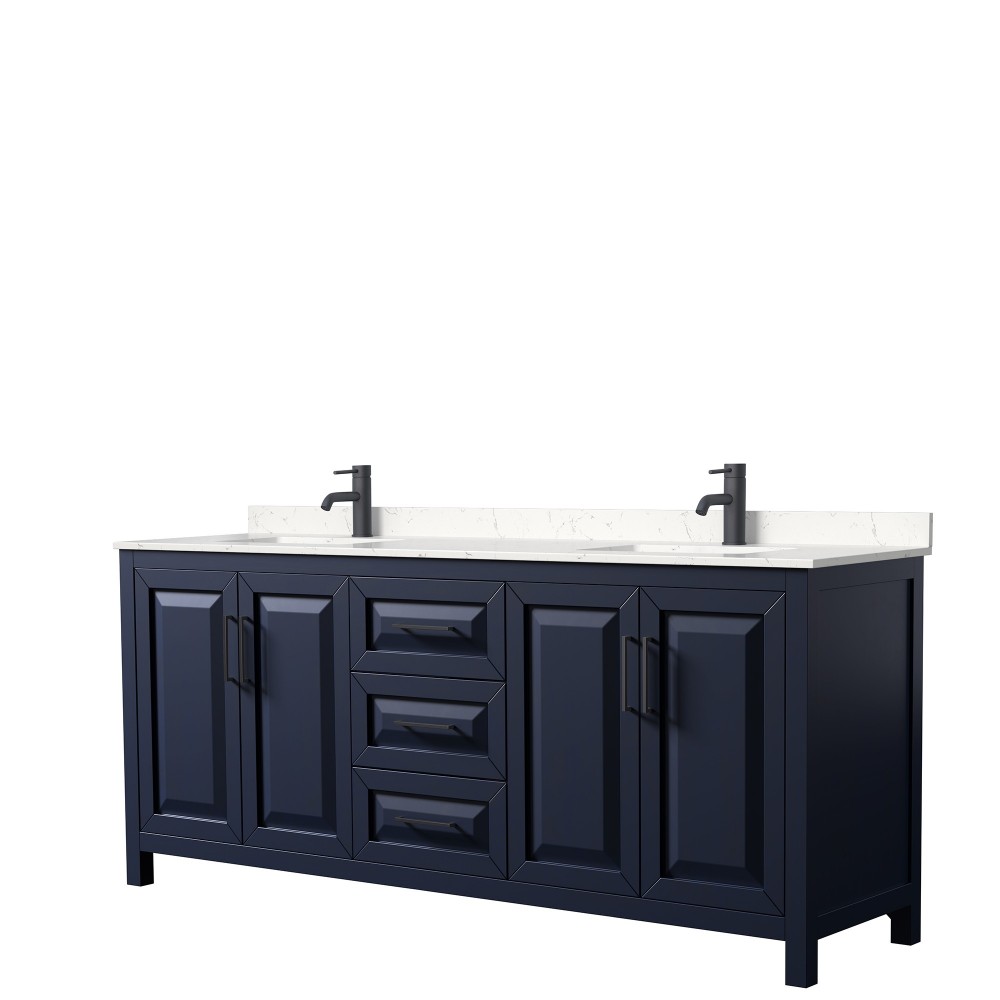 Daria 80" Double Vanity in Dark Blue, Carrara Cultured Marble Top, Black Trim