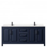 Daria 80" Double Vanity in Dark Blue, Carrara Cultured Marble Top, Black Trim