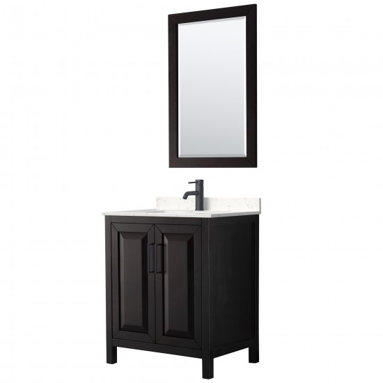 Daria 30" Espresso Single Vanity, Carrara Marble Top, Black Trim, 24" Mirror