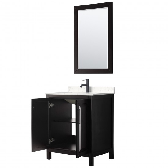 Daria 30" Espresso Single Vanity, Carrara Marble Top, Black Trim, 24" Mirror