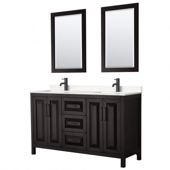 Daria 60" Espresso Double Vanity, Carrara Marble Top, Black Trim, 24" Mirrors