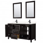 Daria 60" Espresso Double Vanity, Carrara Marble Top, Black Trim, 24" Mirrors