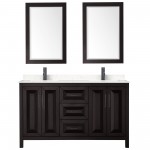 Daria 60" Espresso Double Vanity, Carrara Marble Top, Black Trim, 24" Mirrors