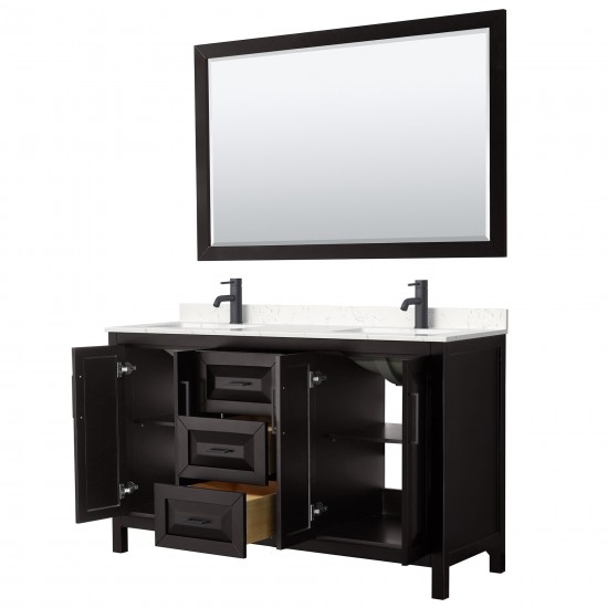 Daria 60" Espresso Double Vanity, Carrara Marble Top, Black Trim, 58" Mirror