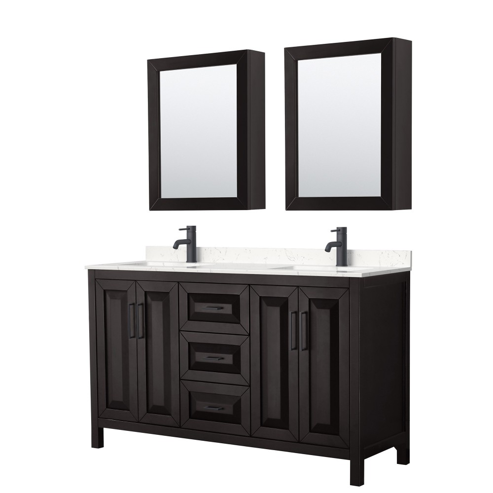 Daria 60" Espresso Double Vanity, Carrara Marble Top, Trim, Medicine Cabinets