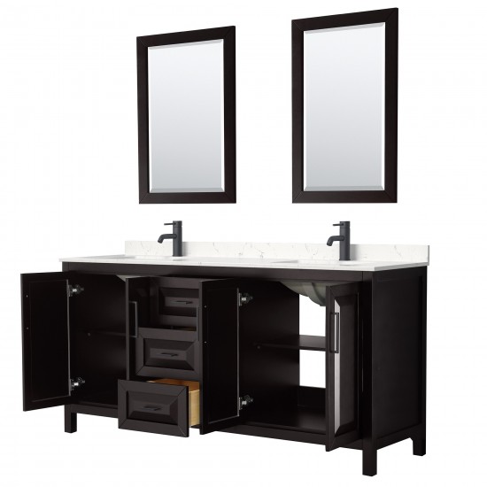 Daria 72" Espresso Double Vanity, Carrara Marble Top, Black Trim, 24" Mirrors