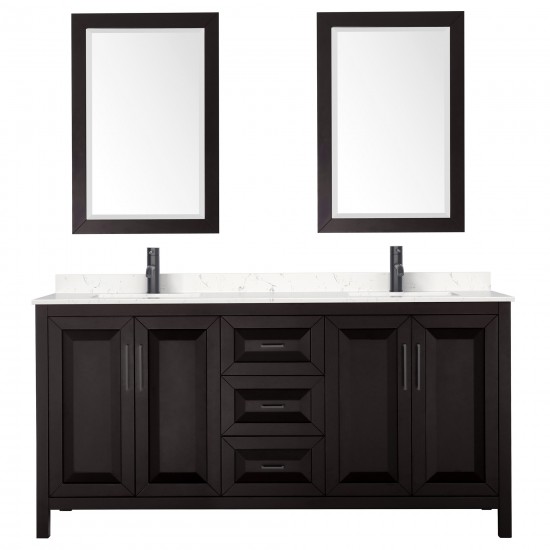 Daria 72" Espresso Double Vanity, Carrara Marble Top, Black Trim, 24" Mirrors