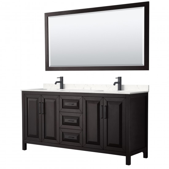 Daria 72" Espresso Double Vanity, Carrara Marble Top, Black Trim, 70" Mirror