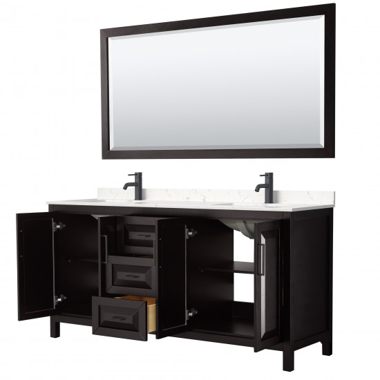 Daria 72" Espresso Double Vanity, Carrara Marble Top, Black Trim, 70" Mirror