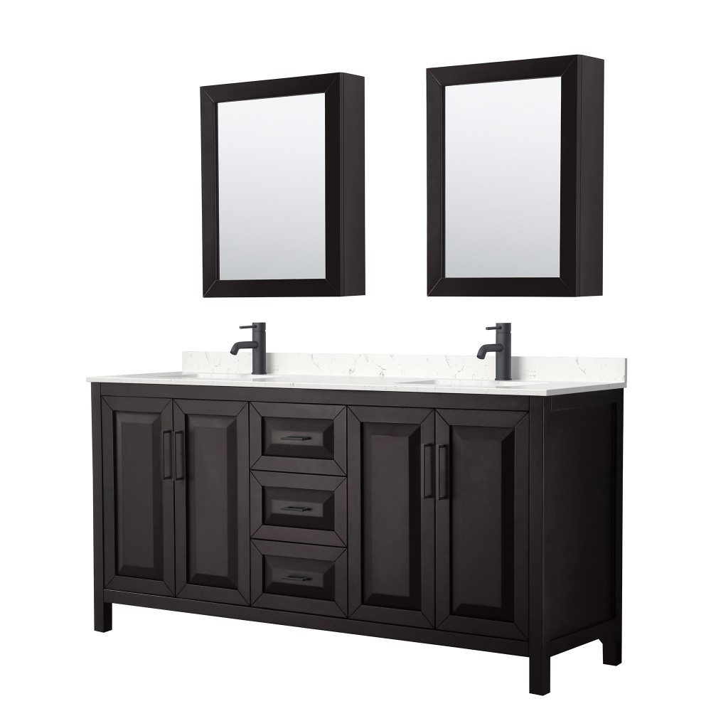 Daria 72" Espresso Double Vanity, Carrara Marble Top, Trim, Medicine Cabinets