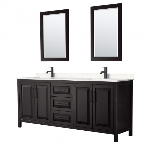 Daria 80" Espresso Double Vanity, Carrara Marble Top, Black Trim, 24" Mirrors