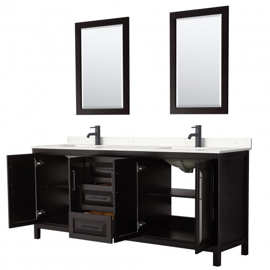 Daria 80" Espresso Double Vanity, Carrara Marble Top, Black Trim, 24" Mirrors