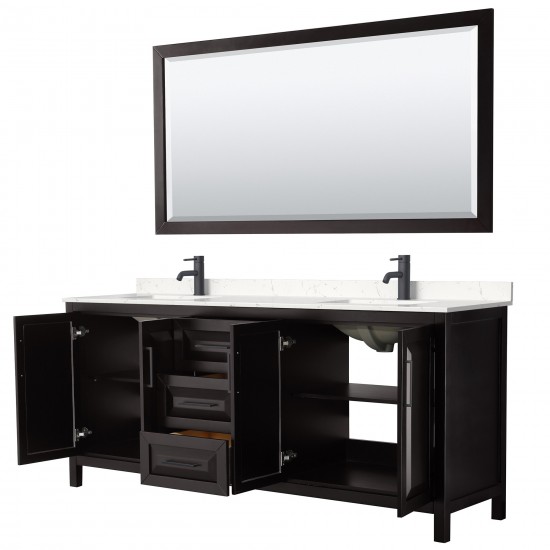 Daria 80" Espresso Double Vanity, Carrara Marble Top, Black Trim, 70" Mirror