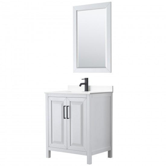 Daria 30" Single Vanity in White, White Marble Top, Black Trim, 24" Mirror