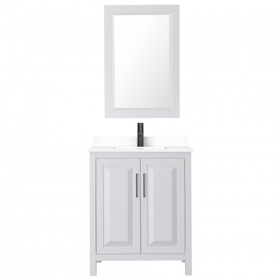 Daria 30" Single Vanity in White, White Marble Top, Black Trim, 24" Mirror