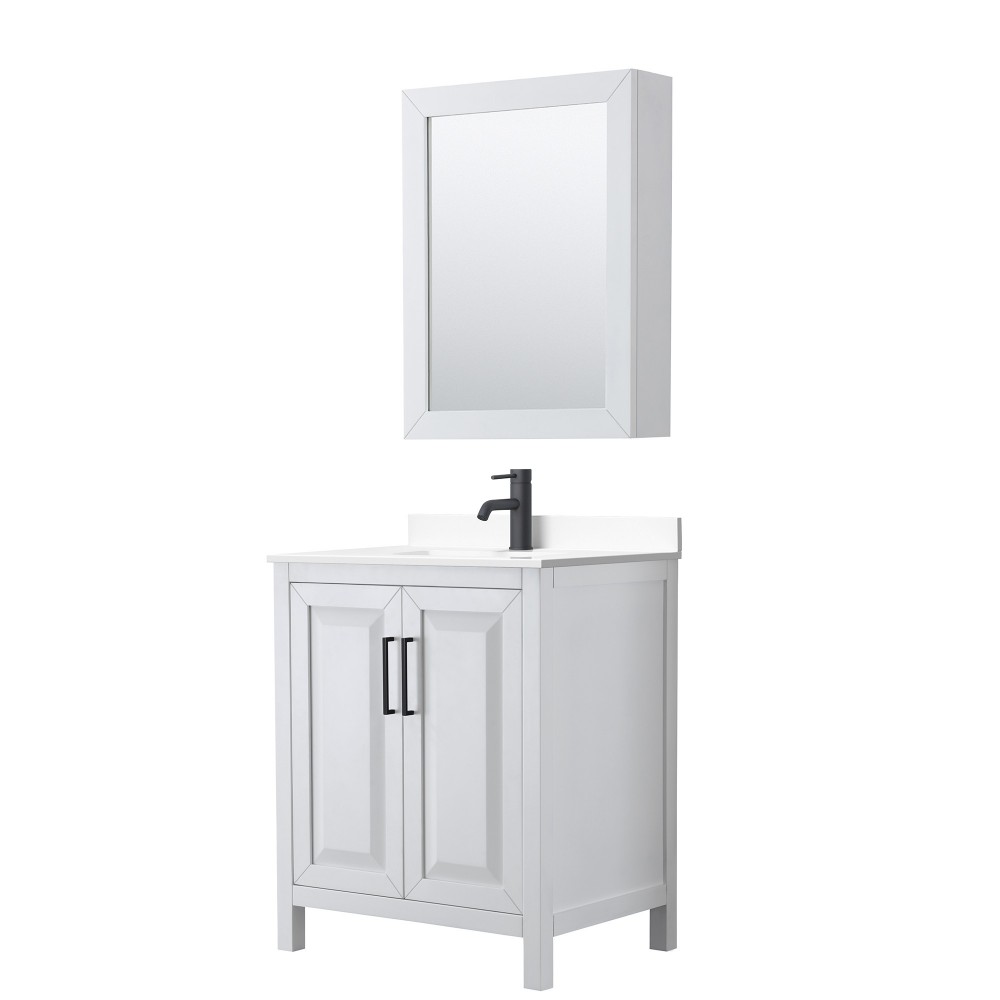 Daria 30" Single Vanity in White, White Marble Top, Black Trim, Medicine Cabinet